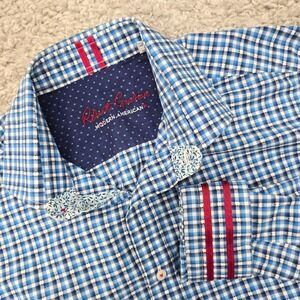 Robert Graham Mens Plaid Button Shirt Ribbon Flip Cuffs Size L Designer Classic